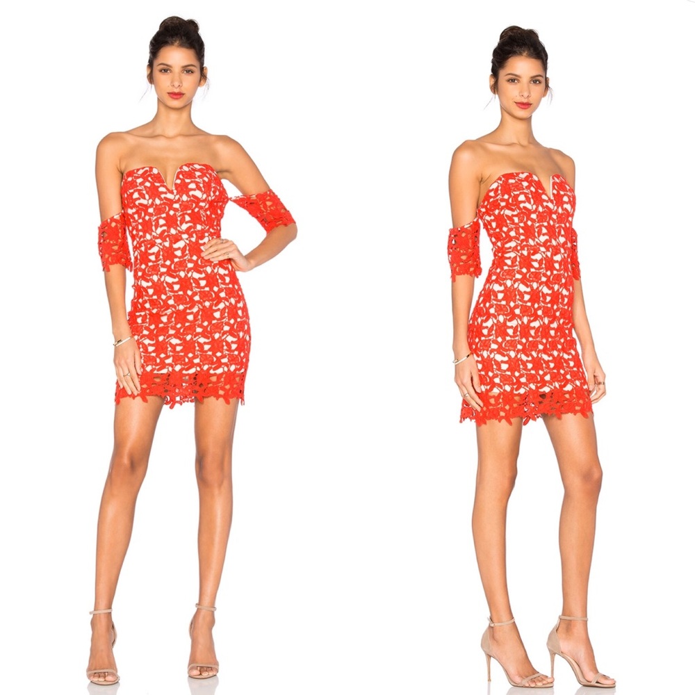 J.O.A. Off The Shoulder Lace Dress in Red